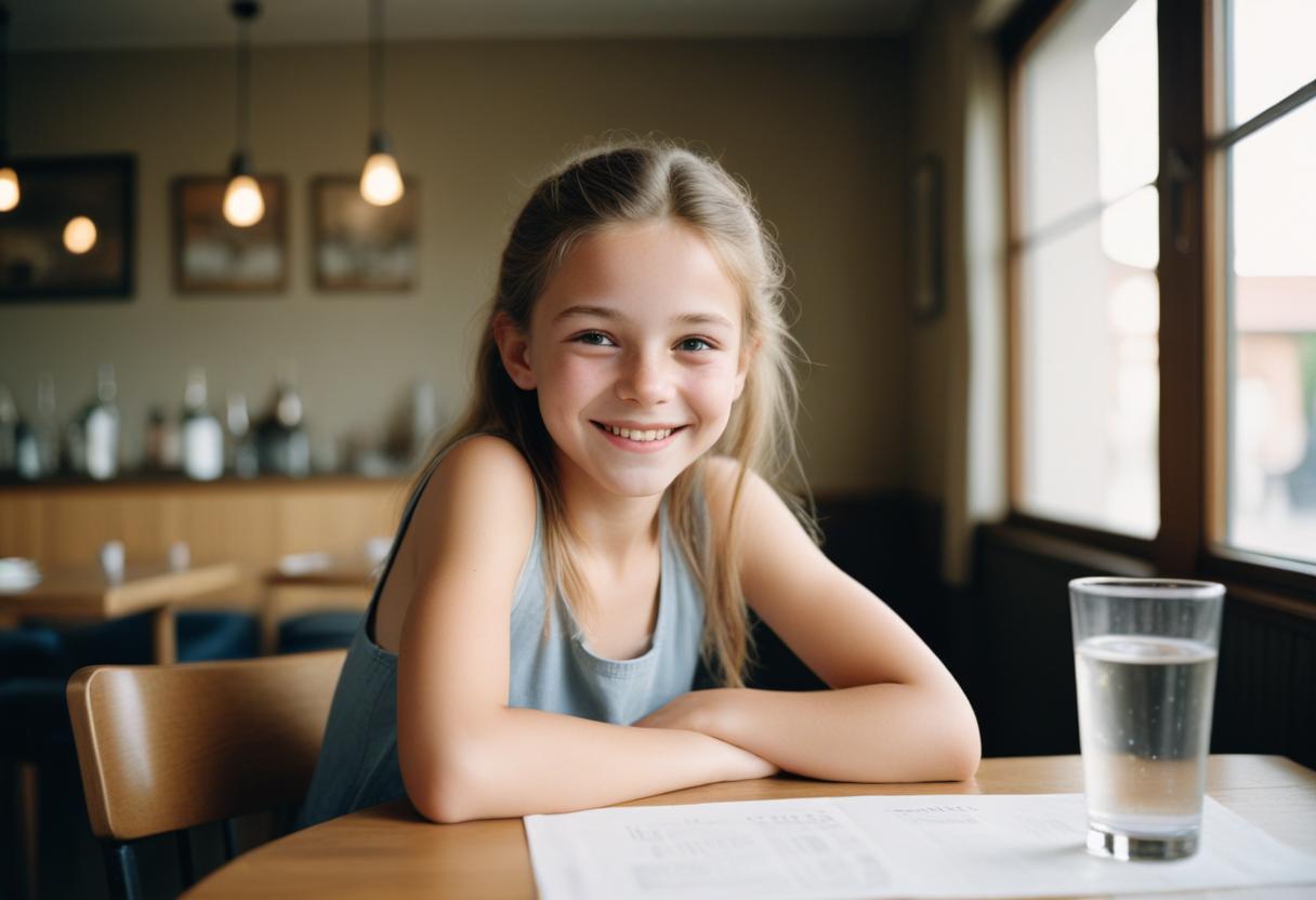 pikaso texttoimage 35mm film photography 12 year old girl smiling a glass of still mineral water in front of her